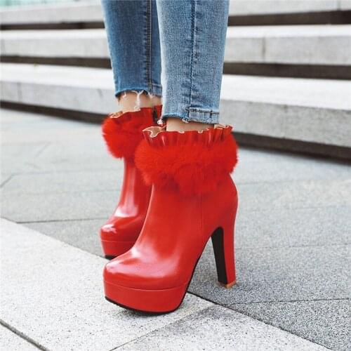 YMECHIC Fashion 2019 Winter High Heel Boots Ruffles Fur Designer Womens Party Bride Wedding Shoes Red White Platform Ankle Boots