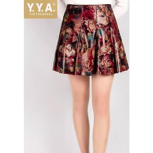 Sexy Ladies Mini Pleated Skirt Floral Printed Party Skirts Women Fashion Short Softshell Natural Sheepskin Genuine Leather Skirt