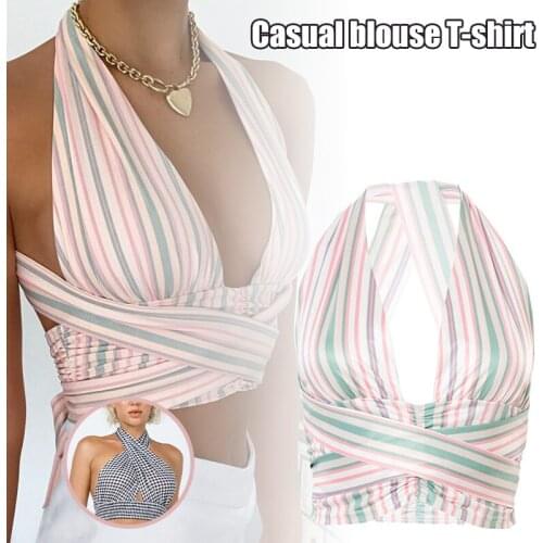 Women Open Navel Tops Vintage Printed Halter Neck Camisole Tee Backless Sleeveless Summer Beach Shirts for Club Daily XIN