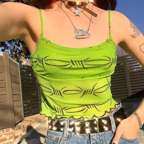 Women’s Gothic Personality Printing Camisole Vest Crop Tops Summer Sexy Boat Neck Exposed Navel Mesh Yarn Suspender Tops 2021
