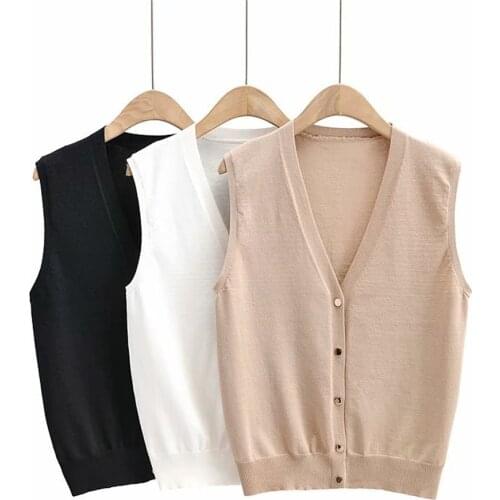 Korean Autumn New Womens Sweater Fashion 2021 Womens Knitted Vest Vintage V-Neck Single Breasted Sleeveless Casual Top Female