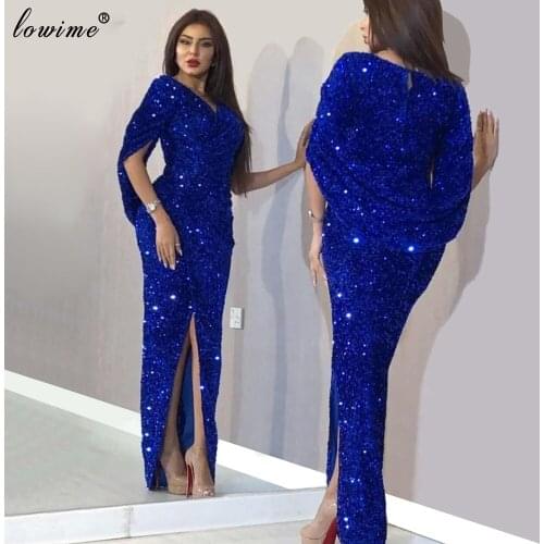 Dubai Muslim Sequins Prom Dresses Mermaid Vestidos De Fiesta Plus Size Royal Blue Evening Dresses Long Women Celebrity Gowns