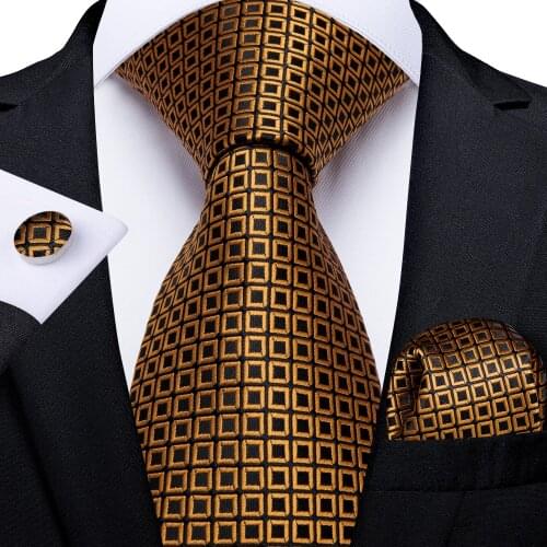 Gold Plaid Black Ties For Men Handkerchief Cufflinks Set Men' Gift Business Party Necktie Cravat Dropshipping DiBanGu