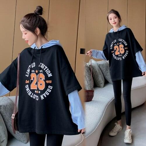 2058# 2021 Autumn Korean Fashion Patchwork Maternity Hoodies Chic Ins Loose Sweatshirt Clothes for Pregnant Women Pregnancy Tops
