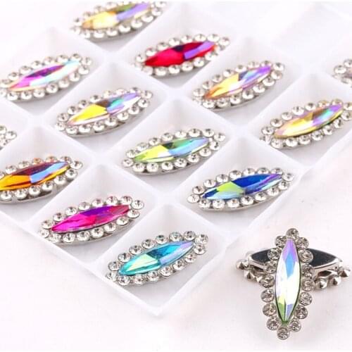 AB glass crystal with rhinestones 4*15mm slim navette shape in Silver claw settings Sew on rhinestone wedding dress diy trim