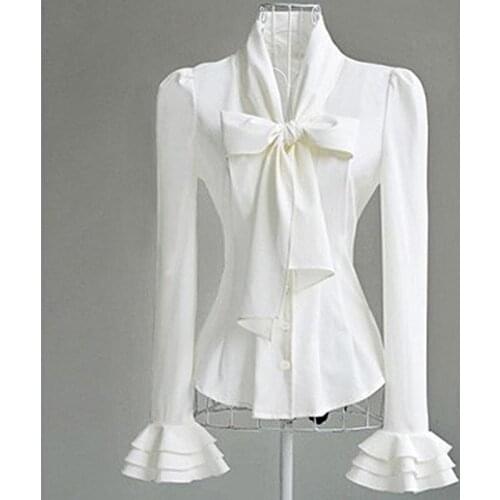 White Women Shirts Summer New 2021 Bow Neck Flare Sleeved Slim Chiffon Office Lady Elegant All Match Buttoming Blouse Tops