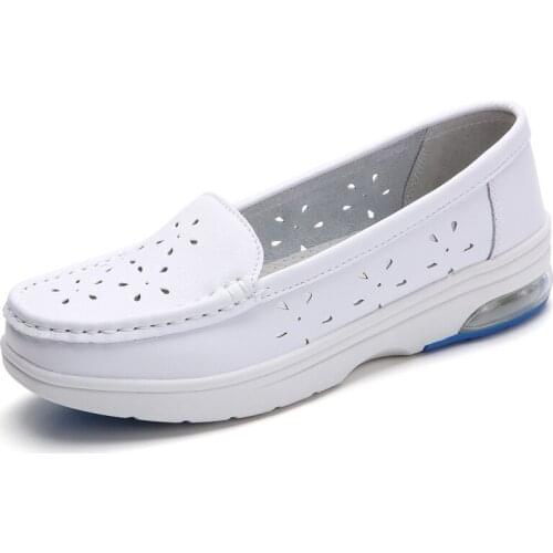 White Genuine Leather Flat Platform Shoes Round Toe Slip-on Hollow Out Thick Nurse Shoe Breathable Casual Loafers Chunky Flats