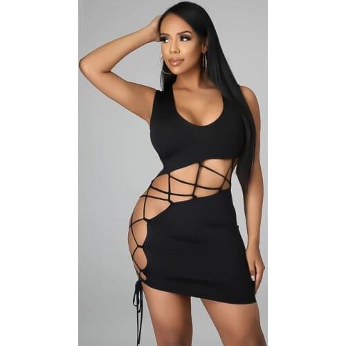 Echoine Black Mini Dress Criss-cross Lace Up Hollow Out Sheath Elastic Dresses Sexy Night Party Vestidos 2021Summer Outfits