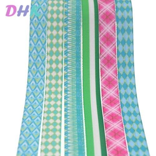 DHK 5/8'' 50yards plaid stripe pattern printed Fold Elastic FOE stretch ribbon hairbow headwear headband DIY OEM S1180