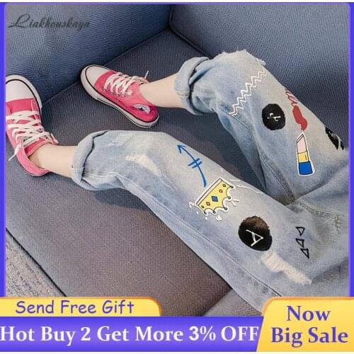 2020 Girls Jeans Girls Fashion Cartoon Printing Jeans Toddler Baby Elasticated Waist Ripped Casual Jeans Teens Slim Fit Trousers
