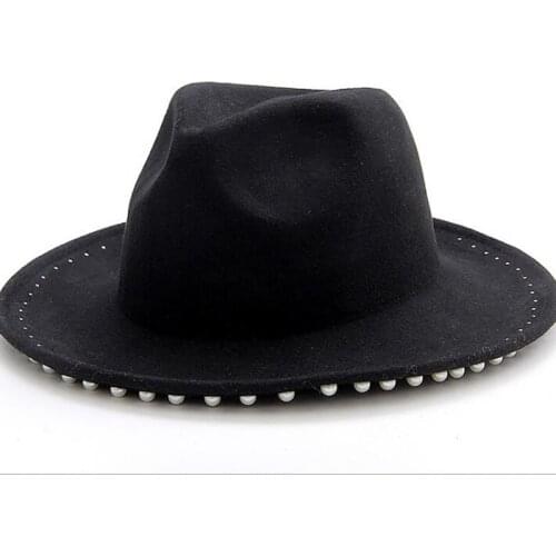 Wool Fedora Hat Hawkins Felt Cap Wide Brim Ladies Black Feminino Pearl Hat Women Jazz Church Godfather Sombreros