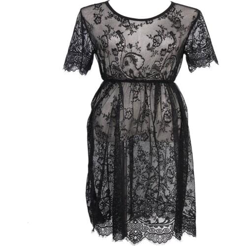 Hirigin Summer Black Sheer Sexy Beach Lace One Piece See Through Embroidery Mesh Short Sleeve Swimsuit Beach Wear Bathing Suits