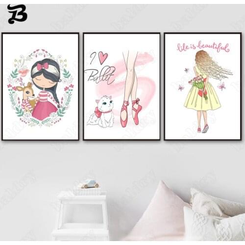 Canvas Painting Ballet Maiden Girlhood Deer Cat Flower Cartoon Pink Posters and Prints Wall Pictures for Kids Girl Room Decor