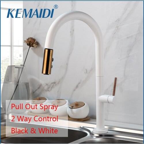 KEMAIDI 360 Swivel Pull Out 2 Ways Spray Solid Brass Kitchen Basin Sink Faucet Black & White Kitchen Water Mixer Taps Faucets