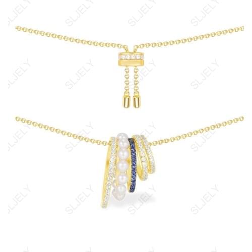 SLJELY Brand 925 Sterling Silver White and Navy Blue Multi Hoop Circles Adjustable Necklace with Pearls Women Fashion Jewelry