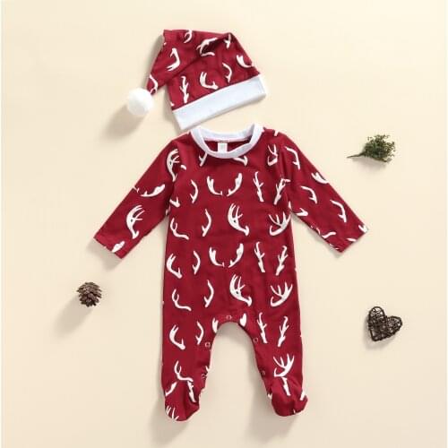 2Pcs Baby Boys Girls Christmas Romper Costumes Toddlers Creative Antler Printing Long Sleeve Footed Jumpsuit+Plush Ball Cap Set