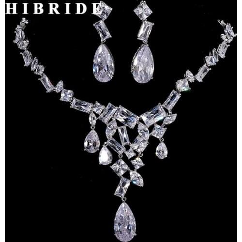 HIBRIDE Hot Sale Clear Crystal CZ Stone Wedding Bridal Jewelry Set With Necklace Earrings Set Wedding Dress Accessories N-199