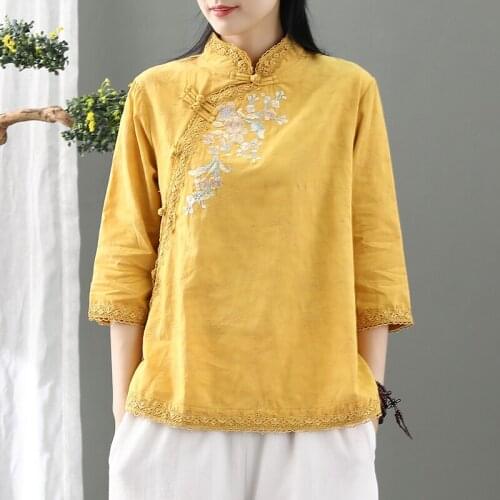 Chinese Style Women Vintage Embroidery Yellow Cheongsam Linen Top Shirt , Blouse Shirts for Woman , Womens 3/4 Sleeve Tops