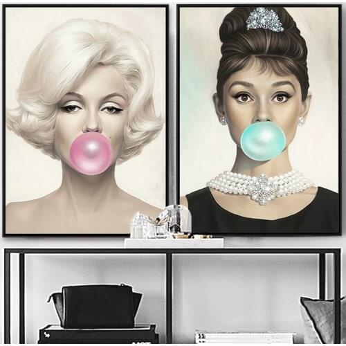 Marilyn Monroe Chewing Bubble Gum Canvas Prints Wall Art Picture Audrey Hepburn Painting Poster for Living Room Bedroom Decor