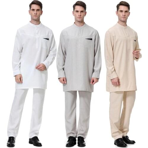 2 PCS Muslim Abaya Suit for Men Jubba Thobe Middle East Long Robes Kaftan Arab Dubai Adult Long sleeve Islamic Clothing
