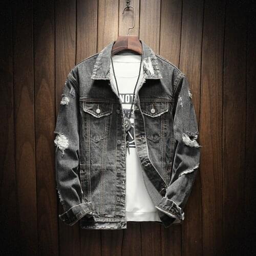 High Quality Denim Jacket Men Ripped Holes Mens Gray Jean Jackets New 2019 Garment Washed Mens Denim Coat