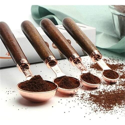 Measuring Cups and Spoons Set Walnut Wood Handle Premium Stainless Steel Rose Gold Polished Finish Measuring Cup for Cooking