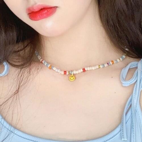 Origin Summer Cute Rainbow Beaded Chains Pendant Necklaces for Women Girl Colorful Beads Smile Face Chokers Necklace Jewellery
