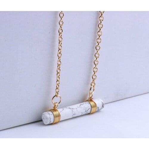 Pink Quartz Necklace Cylinder Natural Stone Pendant Necklace Gold Color White Kallaite Necklaces For Women Jewelry