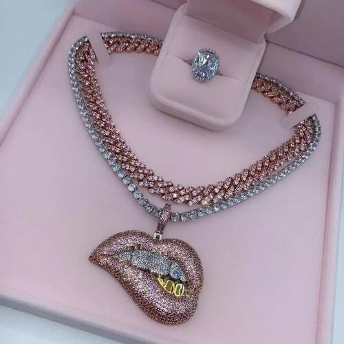 Hiphop Tone Color Micro Pave Pink Cubic Zirconia Drip Lip Pendant Necklace Iced Out Bling 5mm CZ Tennis Chain For Women jewelry