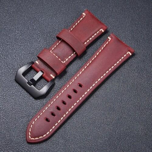 High quality Crazy Horse Sports Men Leather Watchband 22mm 24mm 26mm Red Blue Brown Handmade Watch Strap With Solid Button