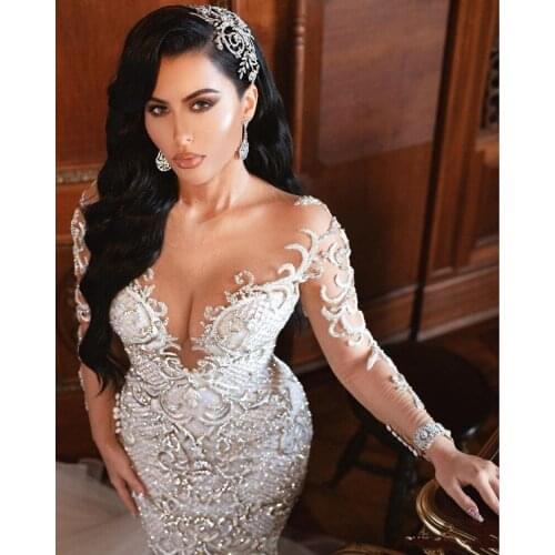 Luxury Arabic Dubai Mermaid Wedding Dresses Crystal Long Sleeves Bridal Gowns Court Train Tulle Skirt robes de mariée