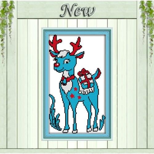 Christmas blue reindeer decor painting counted print on canvas DMC 14CT11CT Chinese Cross Stitch Needlework Sets Embroidery kits