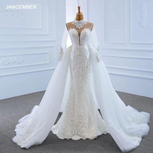 RSM67180 White V-neck Transparent Lace Wedding Bridal Gown 2021 Long Sleeve Applique Print Back Lace Up Banquet Wedding Dress