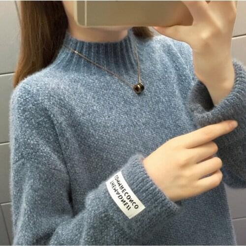 Korean Version Half-Turtleneck Knitted Sweater Women Loose Soft Long Sleeve Female Pullovers 2020 Winter Lazy Solid Sweater Girl