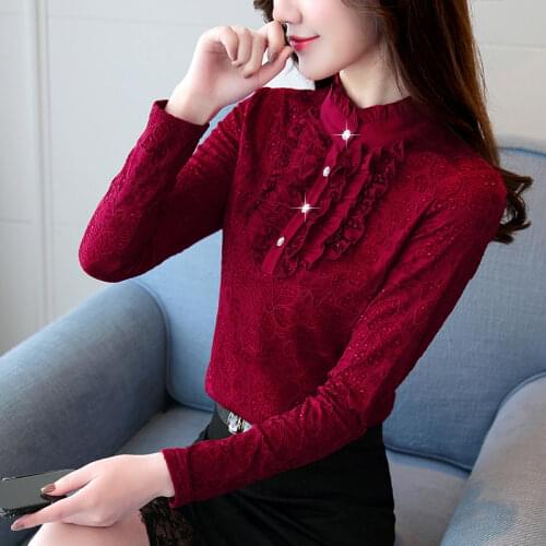 Top Quality Lace Women Blouse Turtleneck Ruffles Solid Red Office Lady Elegant Slim Shirts Pearl Pulls Outwear Tops
