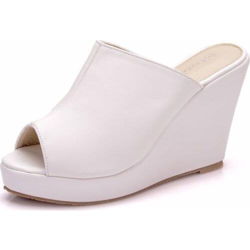 Women sandals wedding Party banquet PU Slip On 9.5CM Wedges High Heels Peep Toe women shoes sandalias mujer 2020 size 35-42