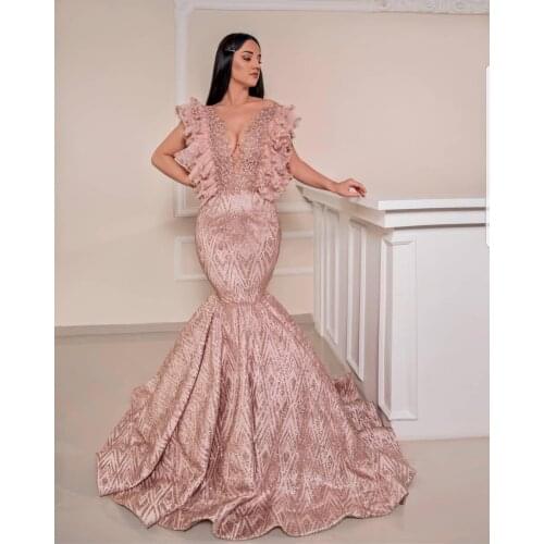 Robe De Soiree Sparkly Mermaid Prom Dresses Ruffles Appliqued Beading Formal Dubai Middle East Evening Party Gown 2021 Celebrity