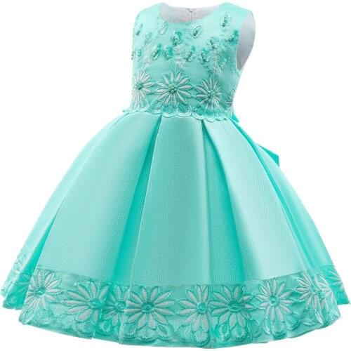 Kid Girl Sleeveless O-neck A-link Bow Draw Back Flower Pattern Performance Host Costumes Birthday Party Evening Princess Dress