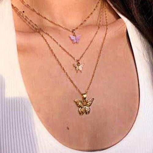 3 Pcs/Set Women Classic Necklaces Set Gold Color Hollow Butterfly Pendant Multilayer Necklace Ladies Charm Beach Party Jewelry