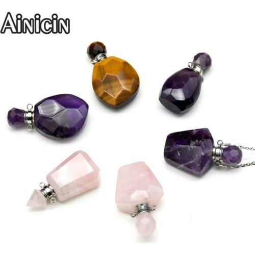 6pcs Natural Semi-precious Stone Vase Shape Perfume Bottle Pendant Necklace Rose Quartz Purple Amehyst Tiger Eyes