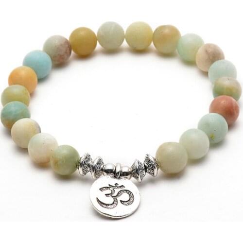 8mm Amazonite Stone Strand Bracelet OM Lotus Yoga Chakra Mala Bracelet Women Men Beaded Charm Bracelet Handmade Jewelry