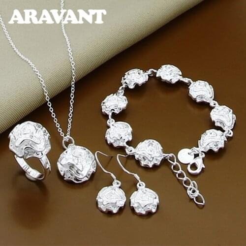 925 Silver Fashion Rose Flowers Pendant Necklaces Bracelets Earrings Rings Sets For Women Party Jewelry Gift