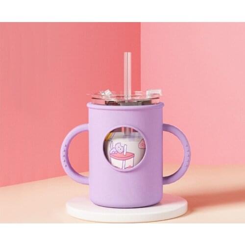 Anti-falling Baby Milk Cup with Straw Silicone Double Handle Sleeve Children Water Cup Portable Kids Drinking Glasses for