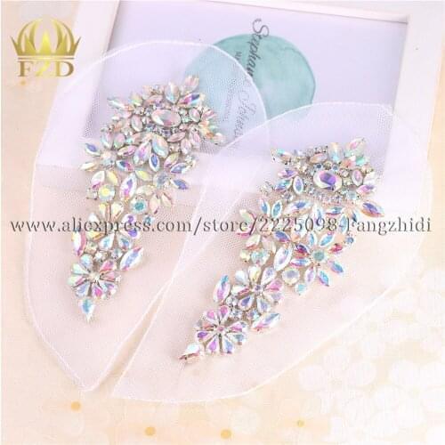 FZD 1 Pair Handmade Rhinestones Sew on AB Crystal Gauze Applique Rhinestone Trimming for Wedding Bridal Dress Clothes FA-1493