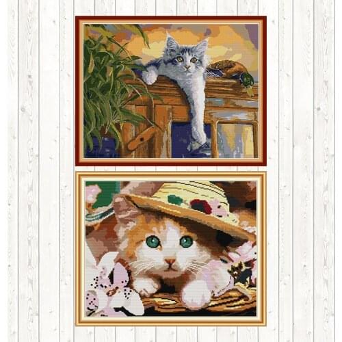 Oil Painting Cat Patterns Counted Cross Stitch Kits for Embroidery Kit DIY Handmade Needlework Counted Fabric Printed on Canvas