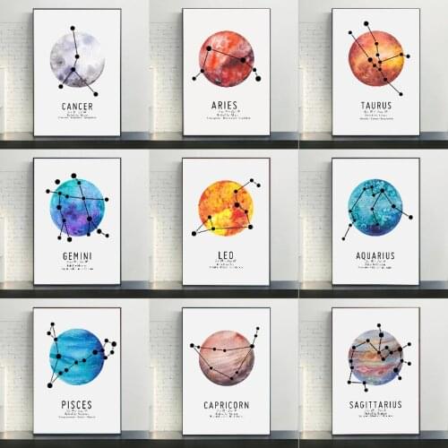 12 Zodiac Signs Constellation and Planet Canvas Art Painting Modern Posters and Prints Wall Art Picture Living Room Aisle Decor