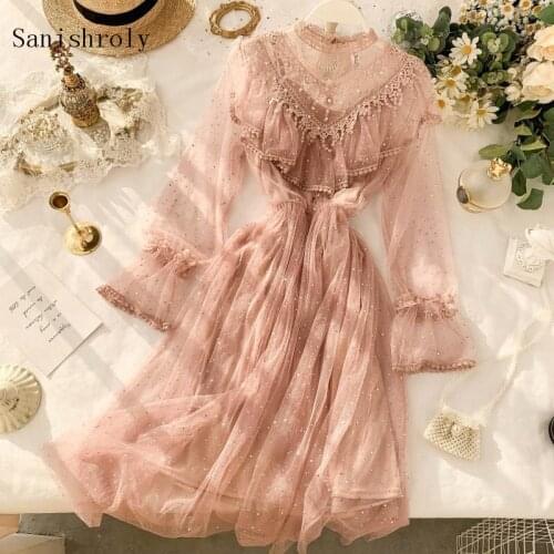 Two Pieces 2021 Beading Sequins Mesh Dress Women Ruffles Lace Ball Gown Dresses Ladies Sweet Fairy Large Hem Long Party Vestidos