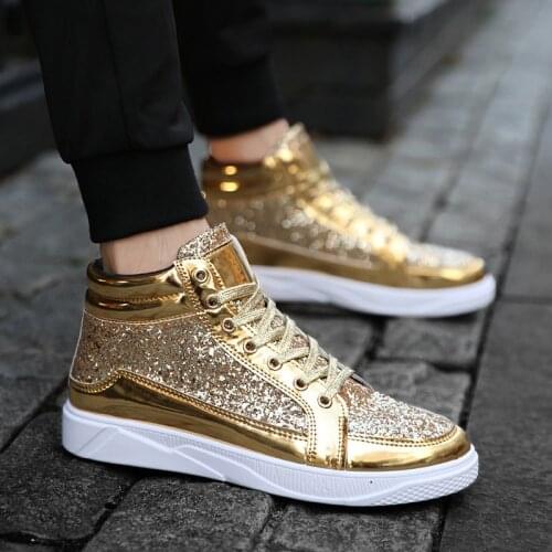 39-45 New Fashion Gold Shoes Men Casual Shoes High-top Night Club Sneaker Male Lace-up Sequins Rock Shoes zapatos hombre 2021