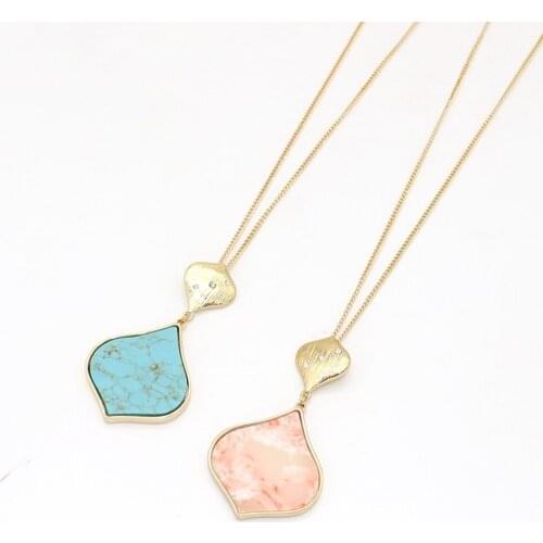 Fashion Green Pink Stone Waterdrop Kallaite Matched Long Chain Sweater Necklace Geometric Body Jewelry