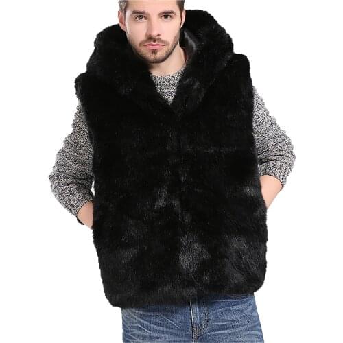Men Autumn Winter Faux fur hooded vest Sleeveless jackets Fashion Stand Collar Pure Color Waistcoat Vest Jackets Top Coat